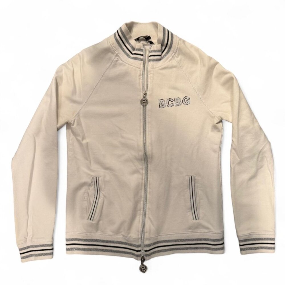 BCBG white zip up jacket with rhinestone logo